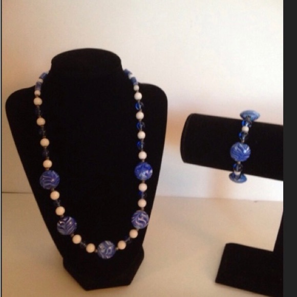Lampwork Glass Blue White Stripped Necklace Murano Set - Picture 2 of 6